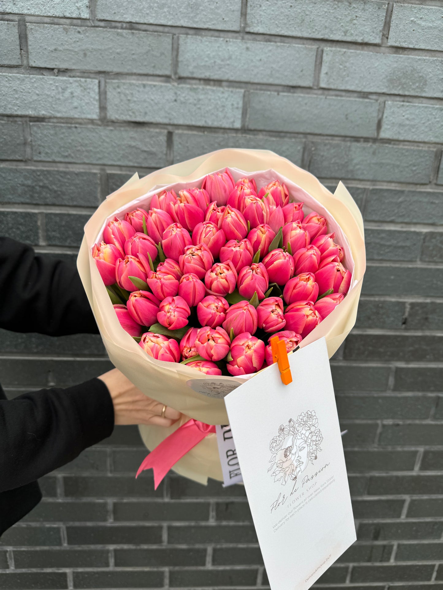 Mono bouquet of coral peony tulips