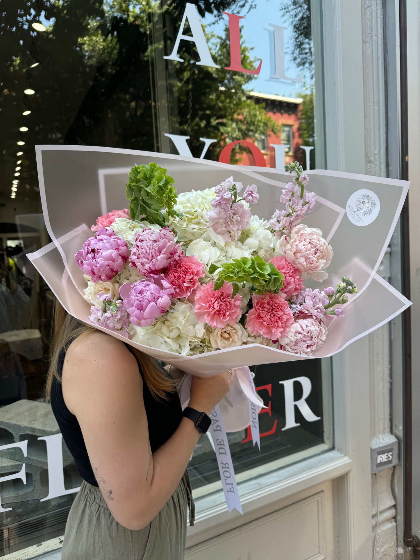 “Hug” Bouquet (peonies, bells of Ireland, stocks, hydrangeas, spray roses, carnations)