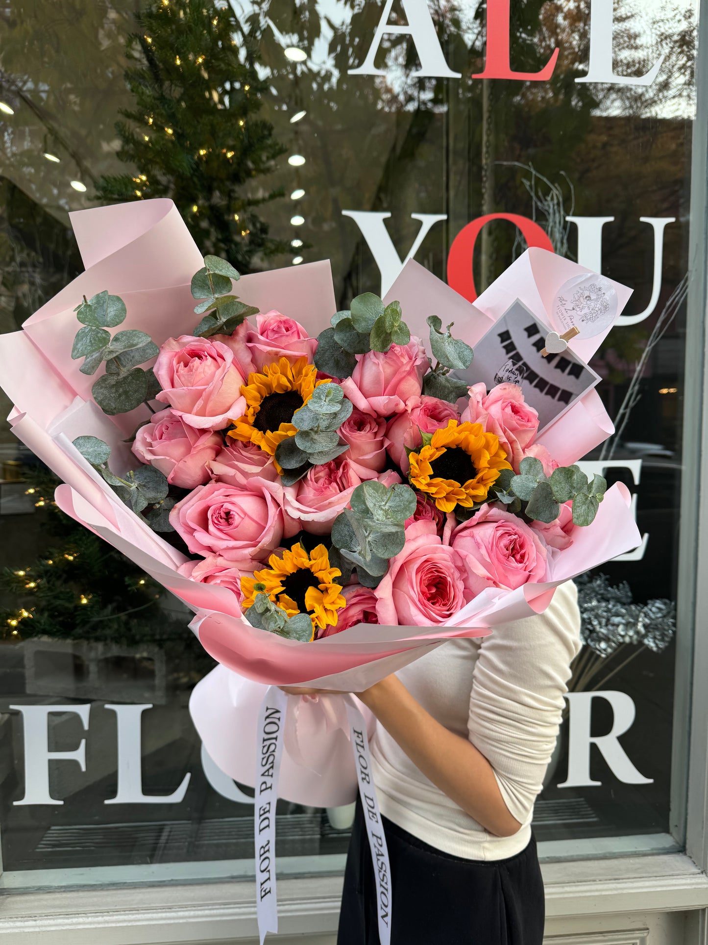 “Loving Embrace” Bouquet (Sunflowers, Pink Garden Roses, Eucalyptus)